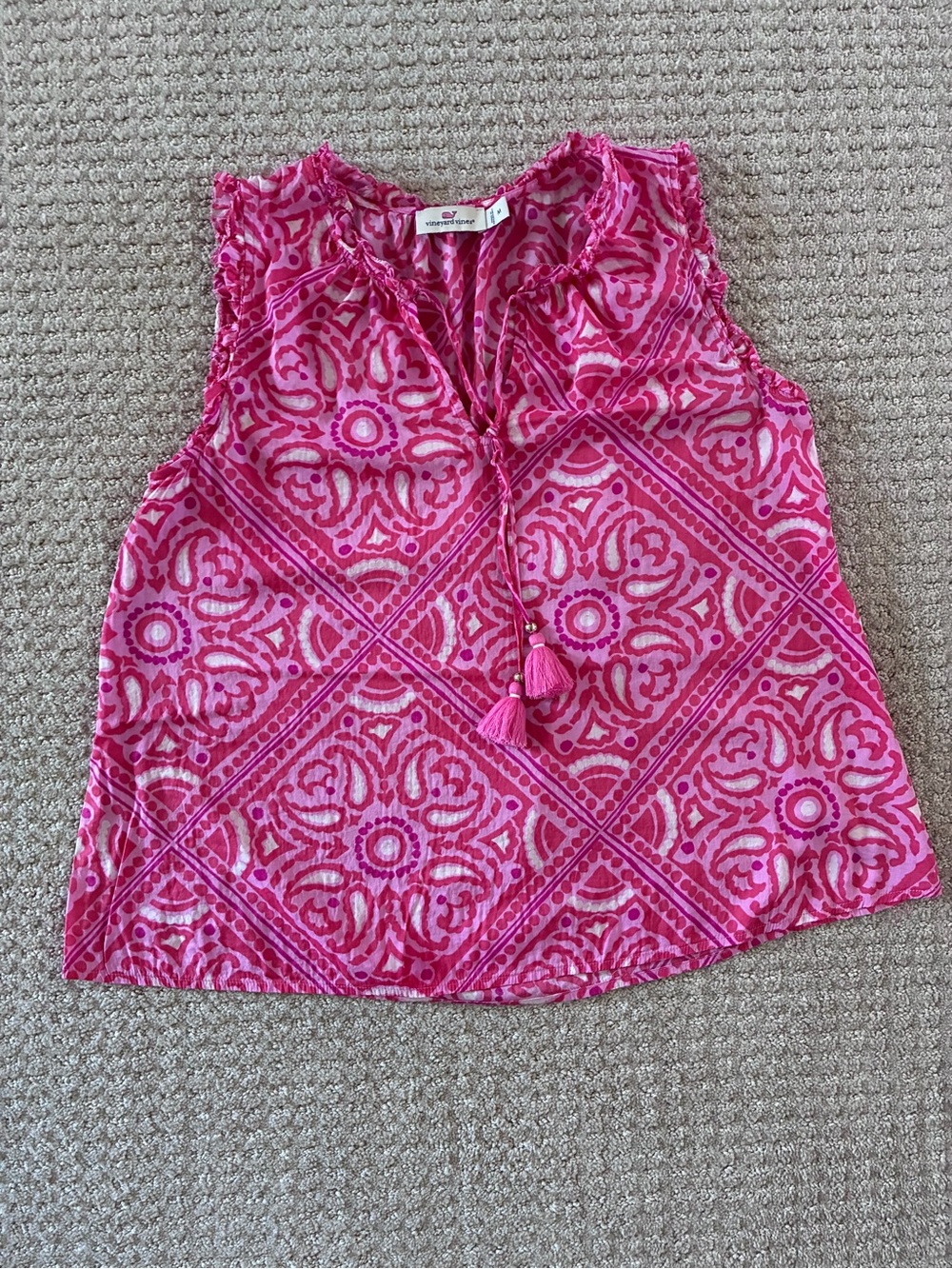 Vineyard Vines Pink Patterned Tassel V-Neck Sleeveless Top